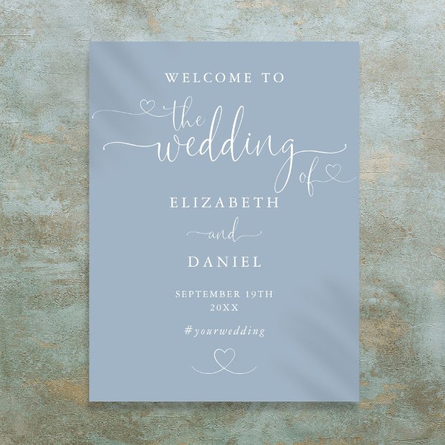 Dusty Blue Heart Script Mariage Affiche de bienven (Dusty Blue Heart Script Wedding Welcome Sign)