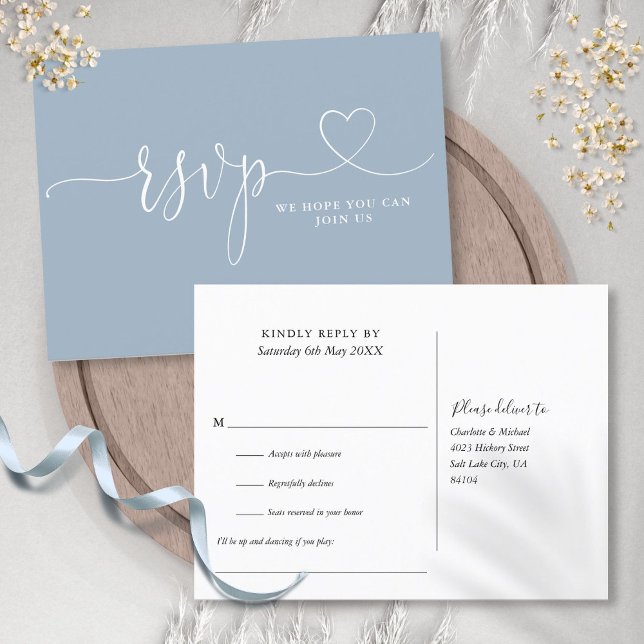Dusty Blue Heart Script Song Request RSVP Card Einladungspostkarte (Dusty Blue Heart Script Song Request RSVP Card)