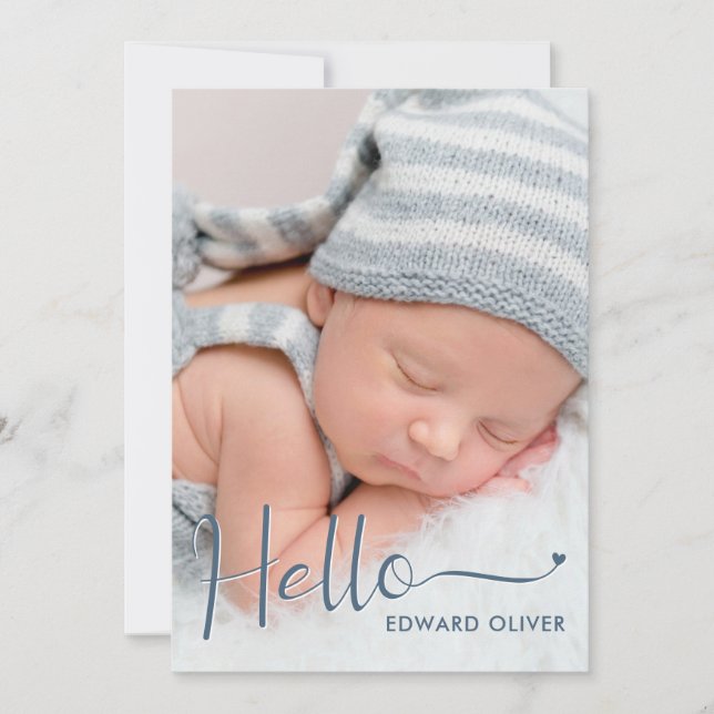 Dusty Blue Hello Baby Photo Faire-part de naissanc (Devant)