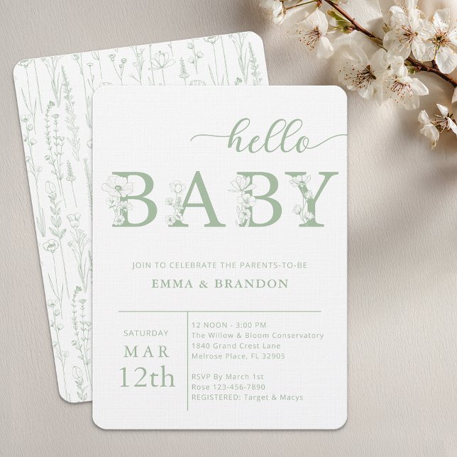 Dusty Blue Hello Baby Wildflower Invitation (Sage Green Baby Shower Invite)