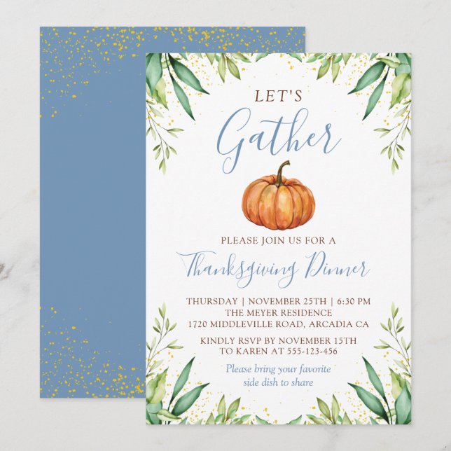 Dusty Blue Herbst Pumpkin Erntedank Dinner Einladung (Vorne/Hinten)