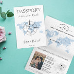 Dusty Blue Hochzeit in Urlaubsort World Map Passpo Einladung<br><div class="desc">Modernes und elegantes World Map Einladung Hochzeitsziel,  wie Pass. Dusty Blue Aquarell Weltkarte und Kompass Monogramm Wappen auf der Titelseite</div>