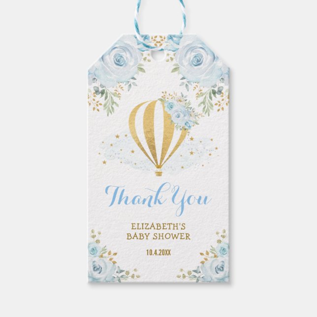 Dusty Blue Hot Air Ballon Floral Baby Dusche Geschenkanhänger (Vorderseite)