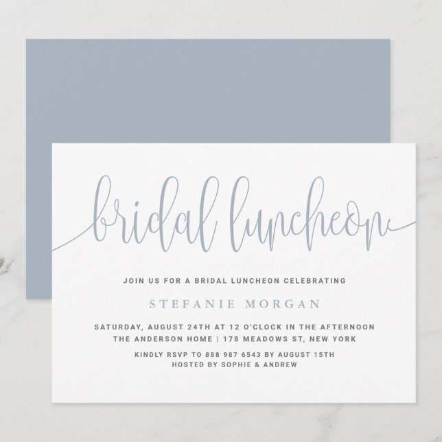 Dusty Blue Hübsch Calligraphy Bridal Luncheon Einladung (Vorne/Hinten)