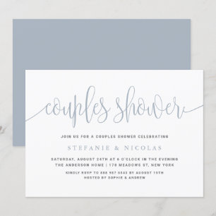Dusty Blue Hübsch Calligraphy Couples Dusche Einladung