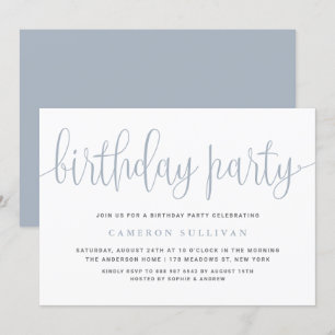 Dusty Blue Hübsch Calligraphy Geburtstagsparty Einladung