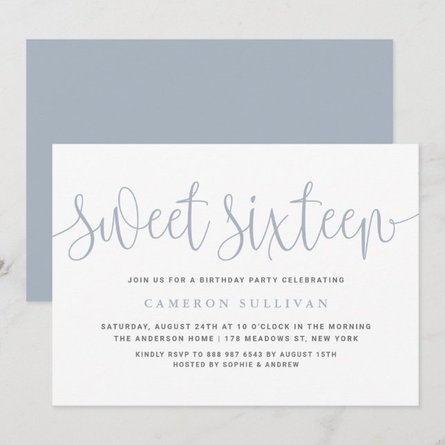 Dusty Blue Hübsch Calligraphy Sweet 16 Party Einladung (Vorne/Hinten)