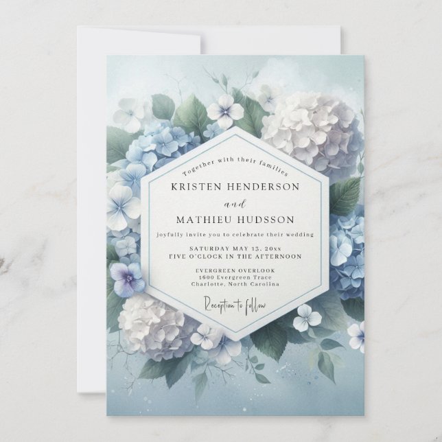 Dusty Blue Hydrangea Bloom Wedding Einladung (Vorderseite)