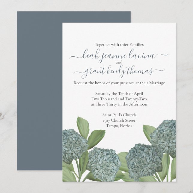 Dusty Blue Hydrangea Elegante Summer Floral Weddin Einladung (Vorne/Hinten)