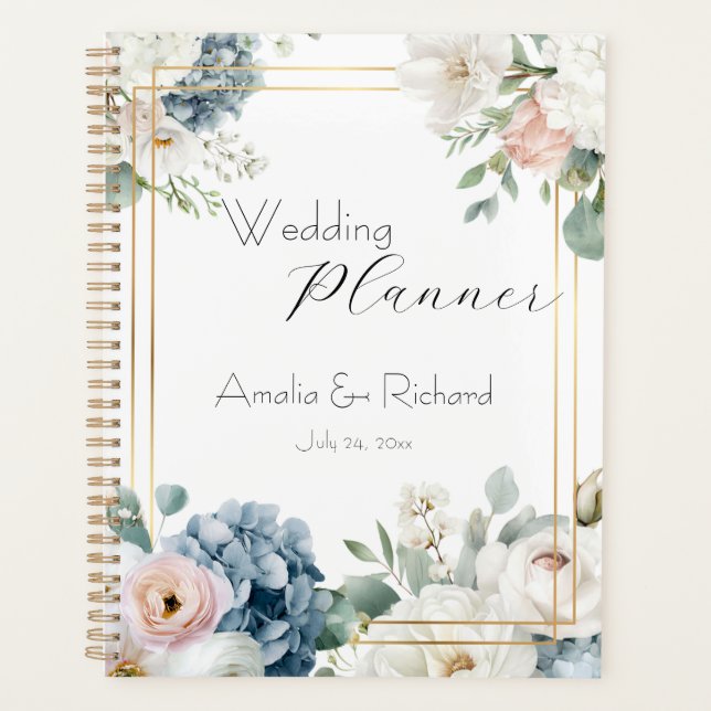 Dusty Blue Hydrangea Floral Wedding Planner Planer (Vorderseite)