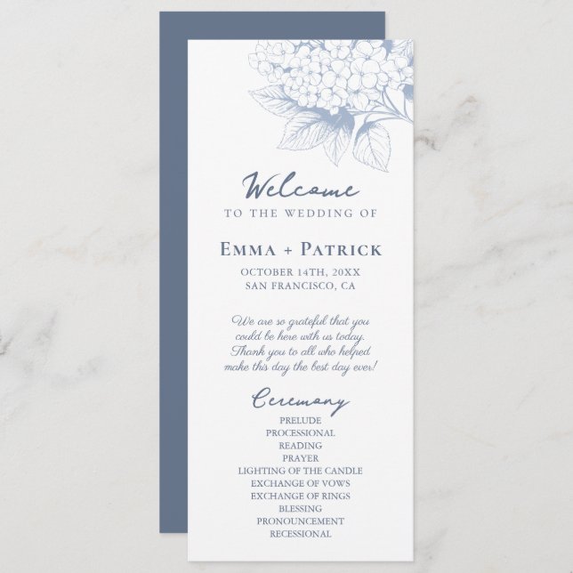 Dusty Blue Hydrangea Floral Wedding Programm (Vorne/Hinten)