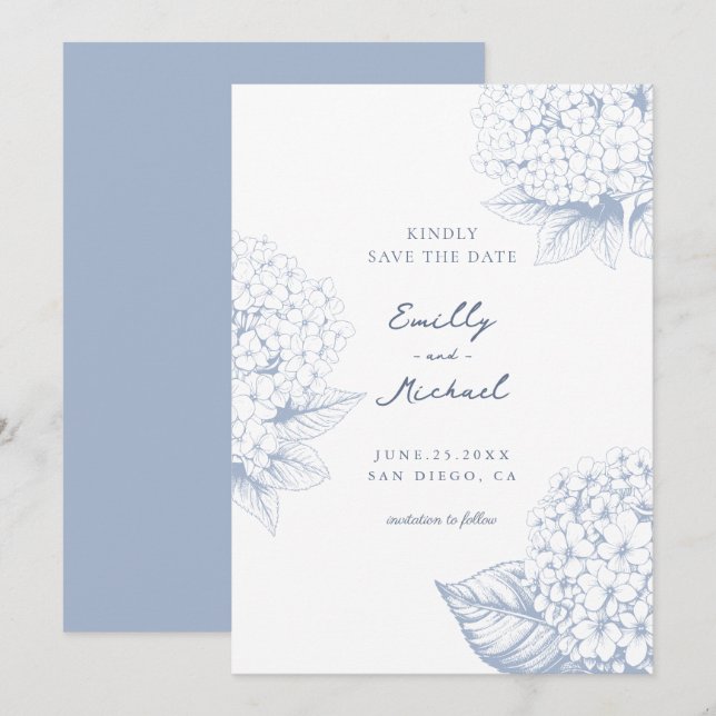 Dusty Blue Hydrangea Floral Wedding Save The Date (Vorne/Hinten)