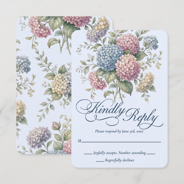 Dusty Blue Hydrangea Flowers Wedding RSVP Card Karte (Vorne/Hinten)