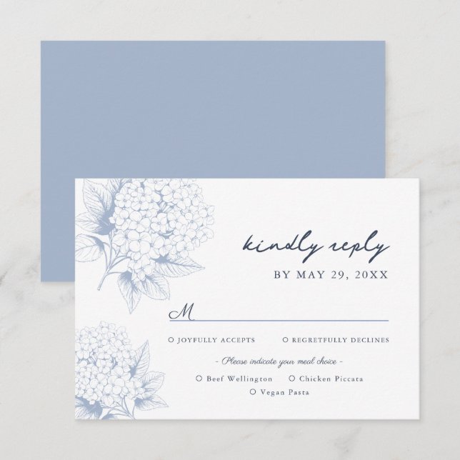 Dusty Blue Hydrangea Mahl Optionen RSVP Karte (Vorne/Hinten)
