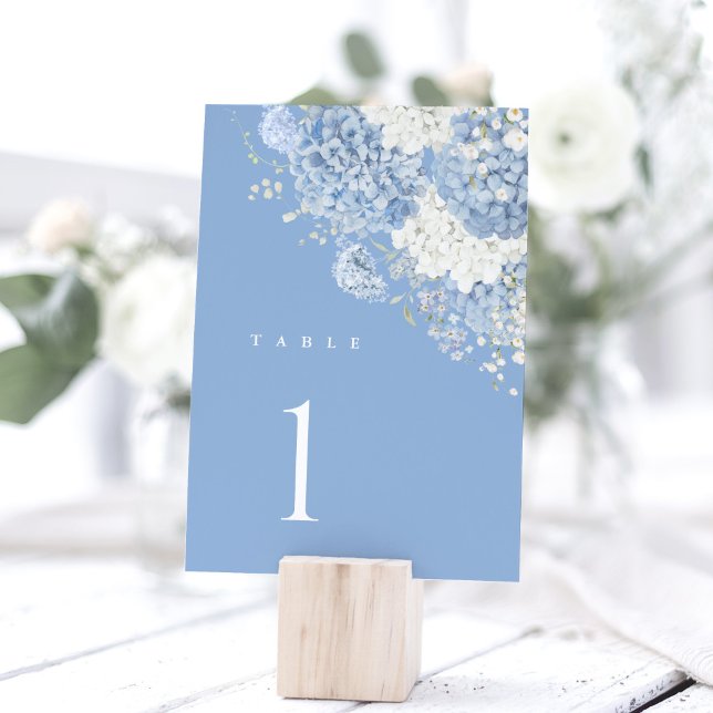 Dusty Blue Hydrangea Watercolor Floral Tischnummer (Dusty blue hydrangea table number card, watercolor floral wedding sign decor, wood block holder)