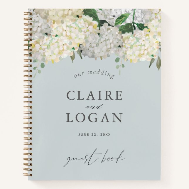 Dusty Blue Hydrangea Wedding Gästebuch Notizbuch (Vorderseite)