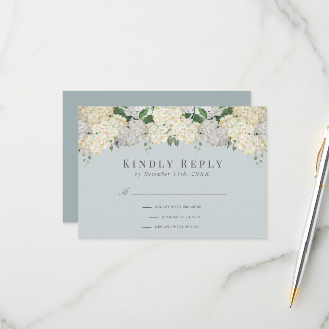 Dusty Blue Hydrangea Wedding RSVP Karte (Vorderseite/Rückseite Beispiel)