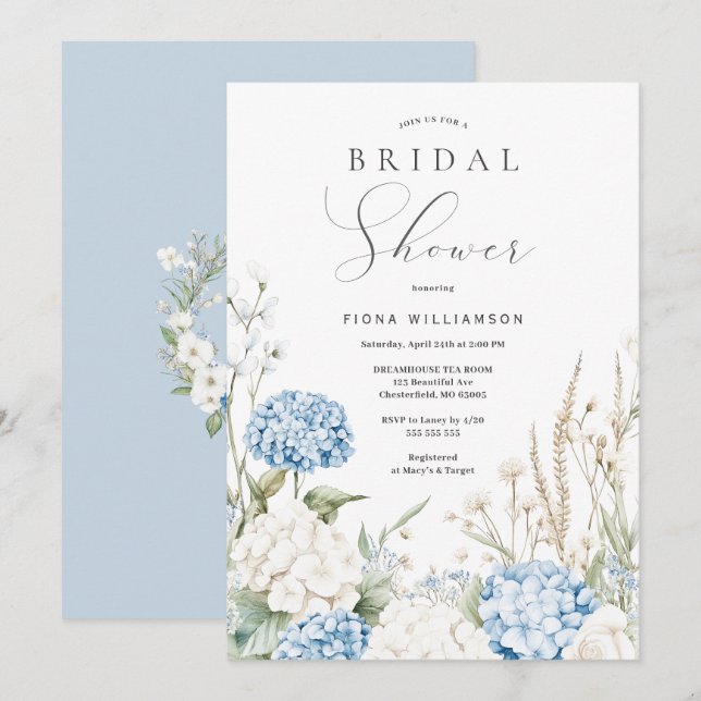 Dusty Blue Hydrangeas Floral Brautparty Einladung (Vorne/Hinten)