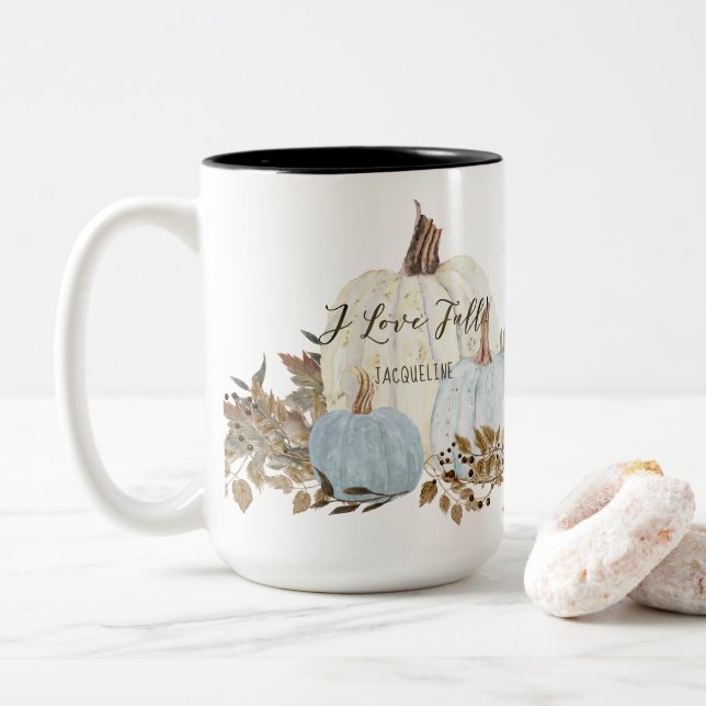 Dusty Blue I Liebe Fall Wasserfarbe Folikin Zweifarbige Tasse (Mit Donut)