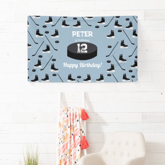 Dusty Blue Ice Hockey Stick, Skate Puck Birthday Banner (Insitu)