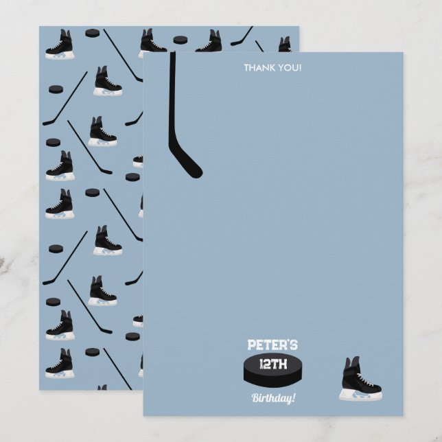 Dusty Blue Ice Hockey Stick, Skate Puck Birthday Dankeskarte (Vorne/Hinten)