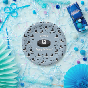Dusty Blue Ice Hockey Stick, Skate Puck Birthday Pappteller