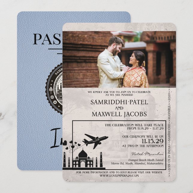 Dusty Blue India Passport Hochzeitseinladung Einladung (Vorne/Hinten)