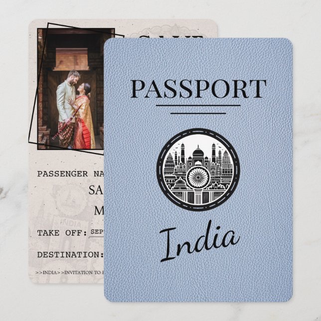 Dusty Blue India Passport Save the Date (Vorne/Hinten)