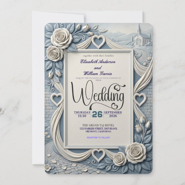 Dusty Blue Indigo Romantic Church Wedding Einladung (Vorderseite)