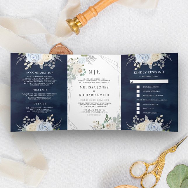 Dusty Blue Ivory Blues All in One Navy Wedding Dreifach Gefaltete Einladung (Von Creator hochgeladen)