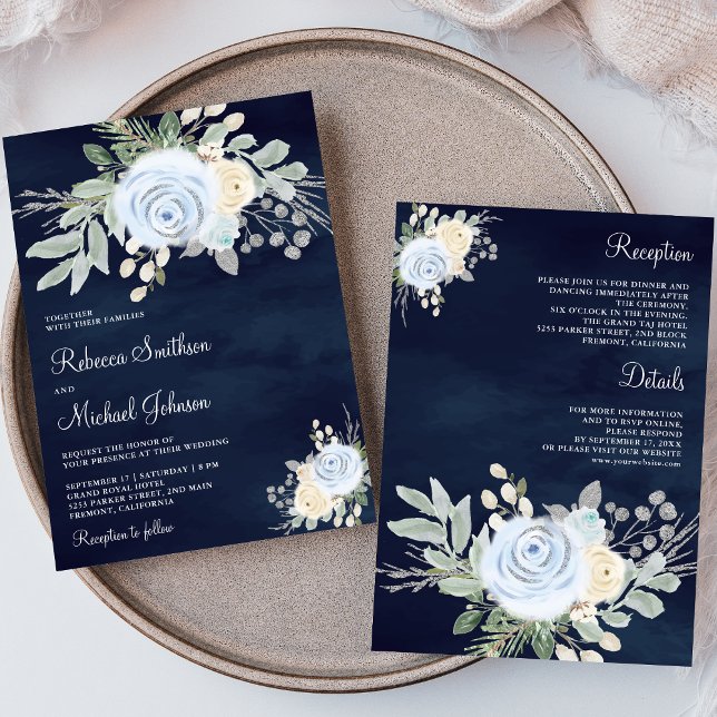 Dusty Blue Ivory Blues All in One Navy Wedding Einladung (Von Creator hochgeladen)