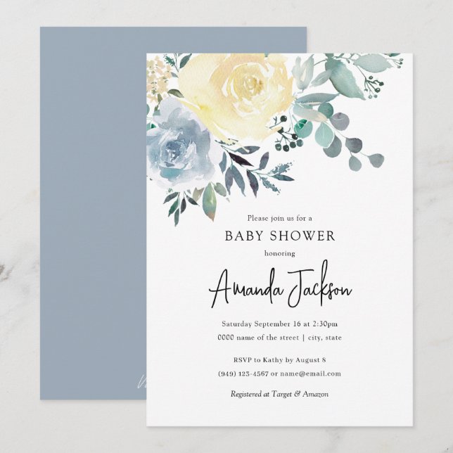 Dusty Blue Ivory Blumengrün Boy Babydusche Einladung (Vorne/Hinten)