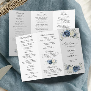 Dusty Blue Ivory Floral Tri-fold Wedding Programme