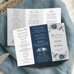 Dusty Blue Ivory Floral Tri-fold Wedding Programme