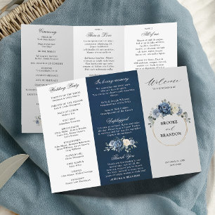 Dusty Blue Ivory Floral Tri-fold Wedding Programme