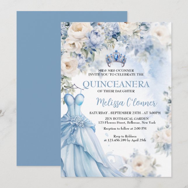 Dusty Blue Ivory Floral Wedding Einladung (Vorne/Hinten)