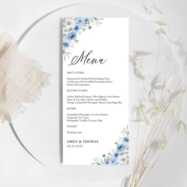 Dusty Blue Ivory Floral Wedding Menu Menükarte (Von Creator hochgeladen)