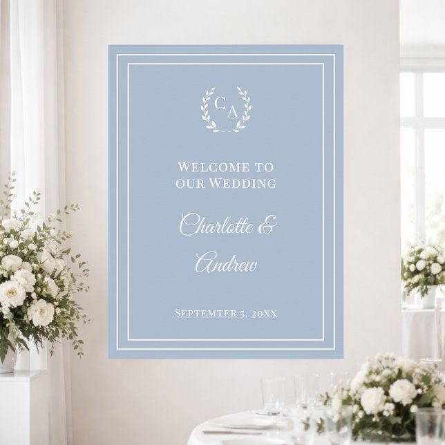 Dusty blue ivory monogrammed wedding welcome poster (Von Creator hochgeladen)