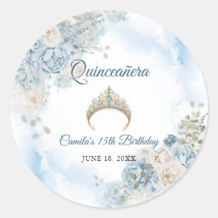 Dusty Blue Ivory Rose Blume Quinceanera Geburtstag Runder Aufkleber