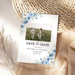 Dusty Blue Ivory Save the Date mit Fotokarte