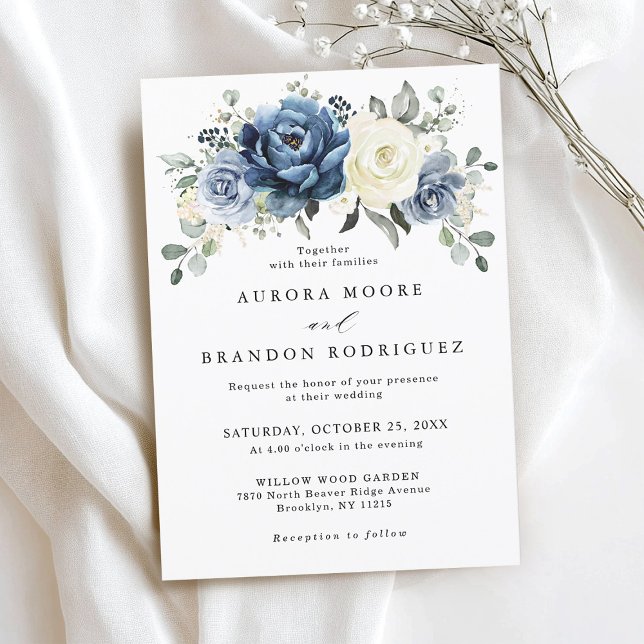 Dusty Blue Ivory Spring Floral Elegante Hochzeit Einladung (Dusty Blue Ivory Spring Floral Elegant Wedding Invitation)