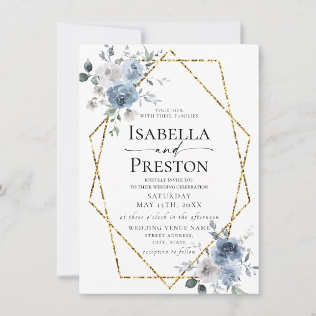 Dusty Blue Ivory White Gold Floral Wedding Einladu Einladung (Vorderseite)