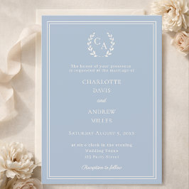 Dusty blue ivory wreath monogram simple wedding  einladung