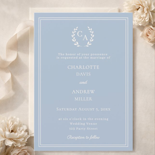 Dusty blue ivory wreath monogram simple wedding  einladung (Von Creator hochgeladen)