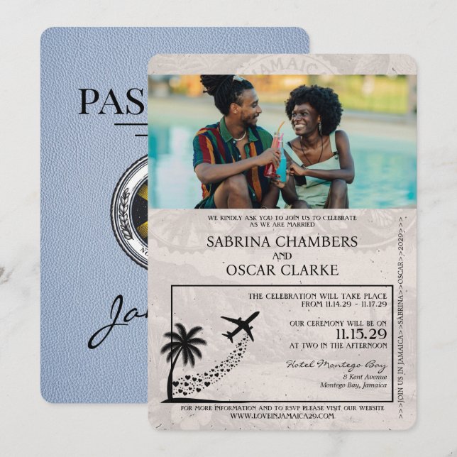Dusty Blue Jamaica Passport Hochzeit Einladung (Vorne/Hinten)