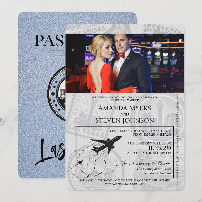 Dusty Blue Las Vegas Passport Wedding Einladung (Vorne/Hinten)
