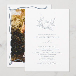 Dusty Blue Leaf Botanical Monogram Foto Wedding Einladung