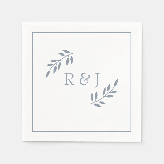 Dusty Blue Leaf Monogramme Ampere und trendy Weddi Serviette (Vorderseite)