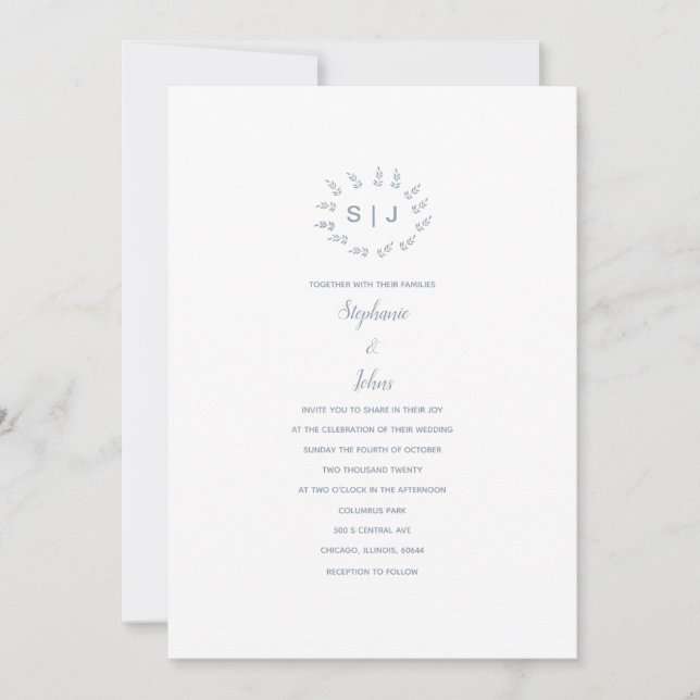Dusty Blue Leafy Wappen Custom Simple Wedding 2024 Einladung (Vorderseite)