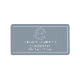 Dusty Blue Leafy Wappen Monogram Wedding Address Adressaufkleber